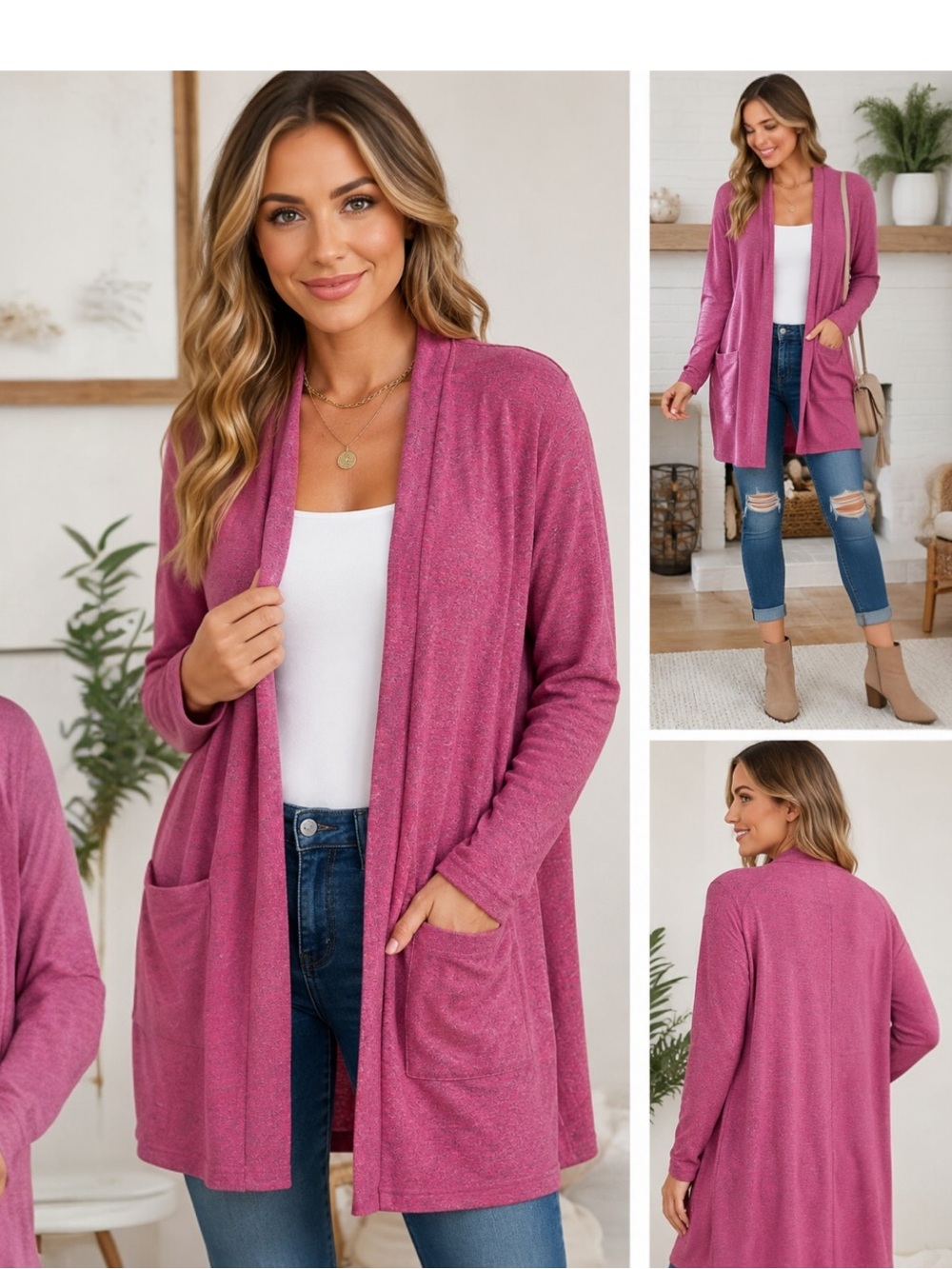 DB MOON XL Heathered Magenta Open Front Cardigan Sweater w/ Pockets